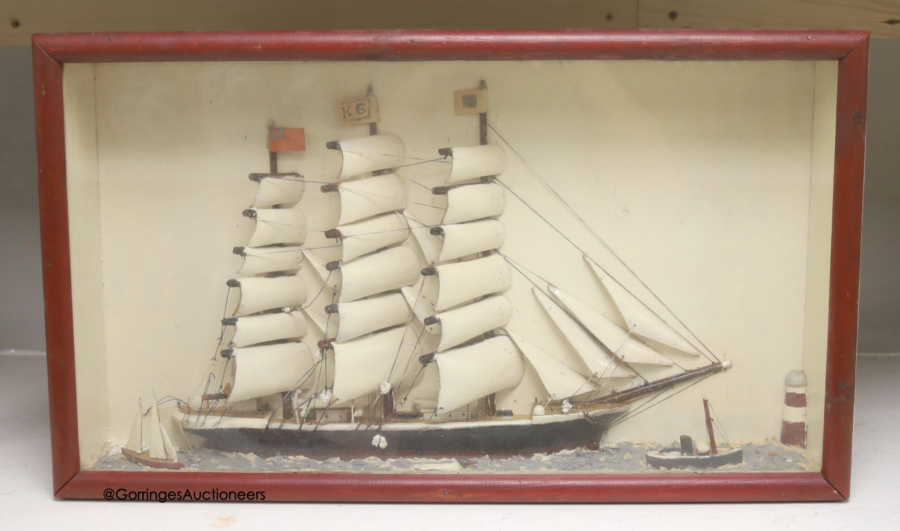 A Waterline ship diorama, glazed cabinet, 32 x 55cm